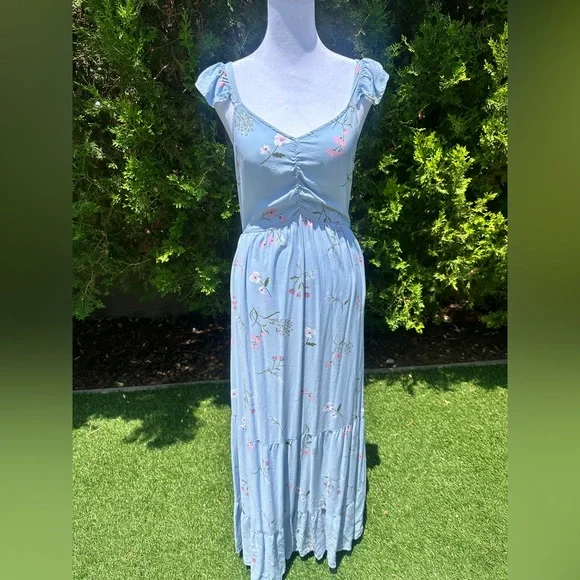 Blue Ruched Maxi Sundress with Flutter Cap Sleeves - Picture 1 of 6